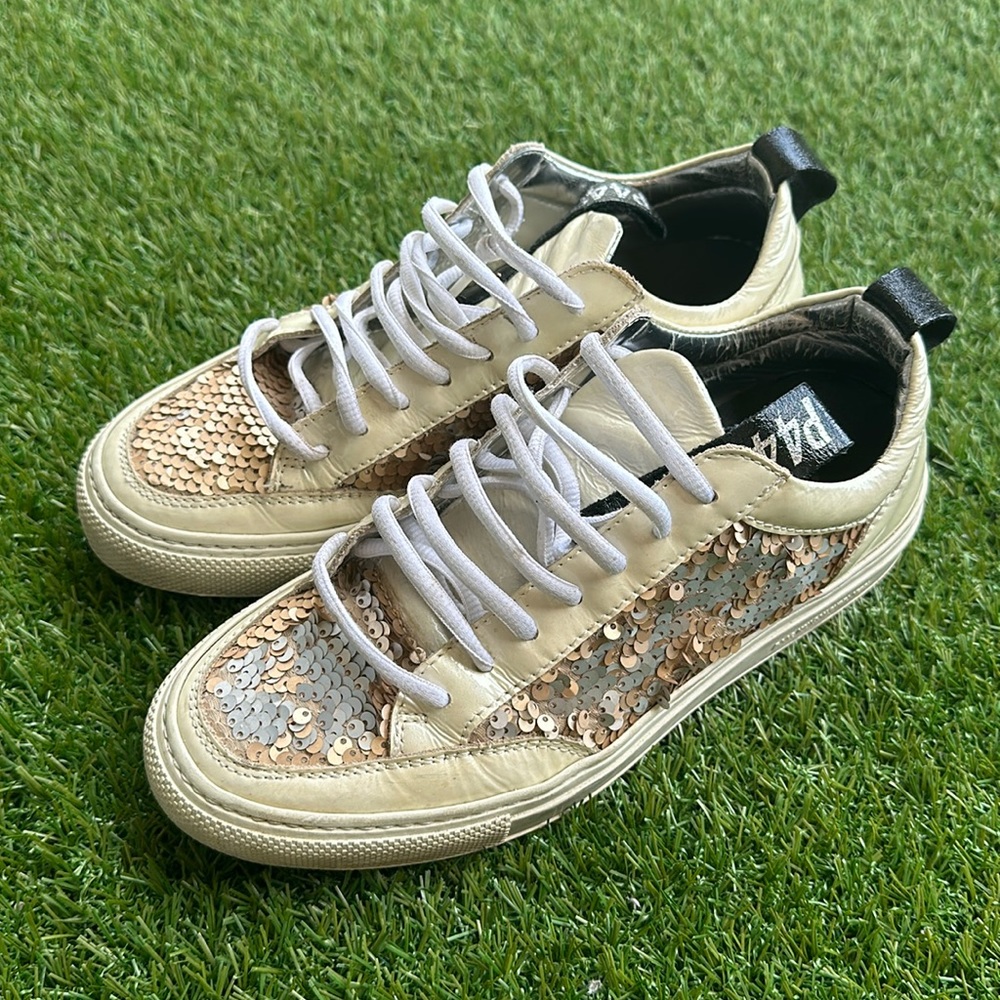 P448 Women's Sneakers in Cream and Gold Sequins